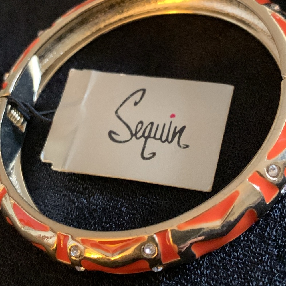 Sequin Orange Enamel and Crystal Hinged Bangle - Picture 3 of 10